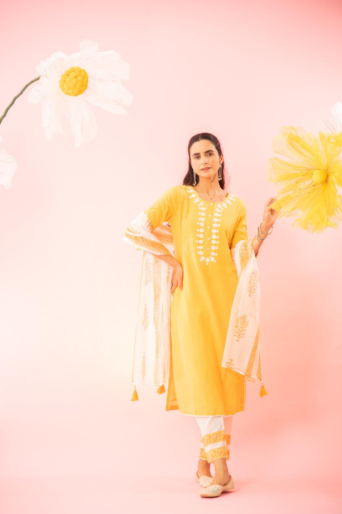 Yellow Woven Dyed Cotton Dobby Kurta Pant Dupatta Set