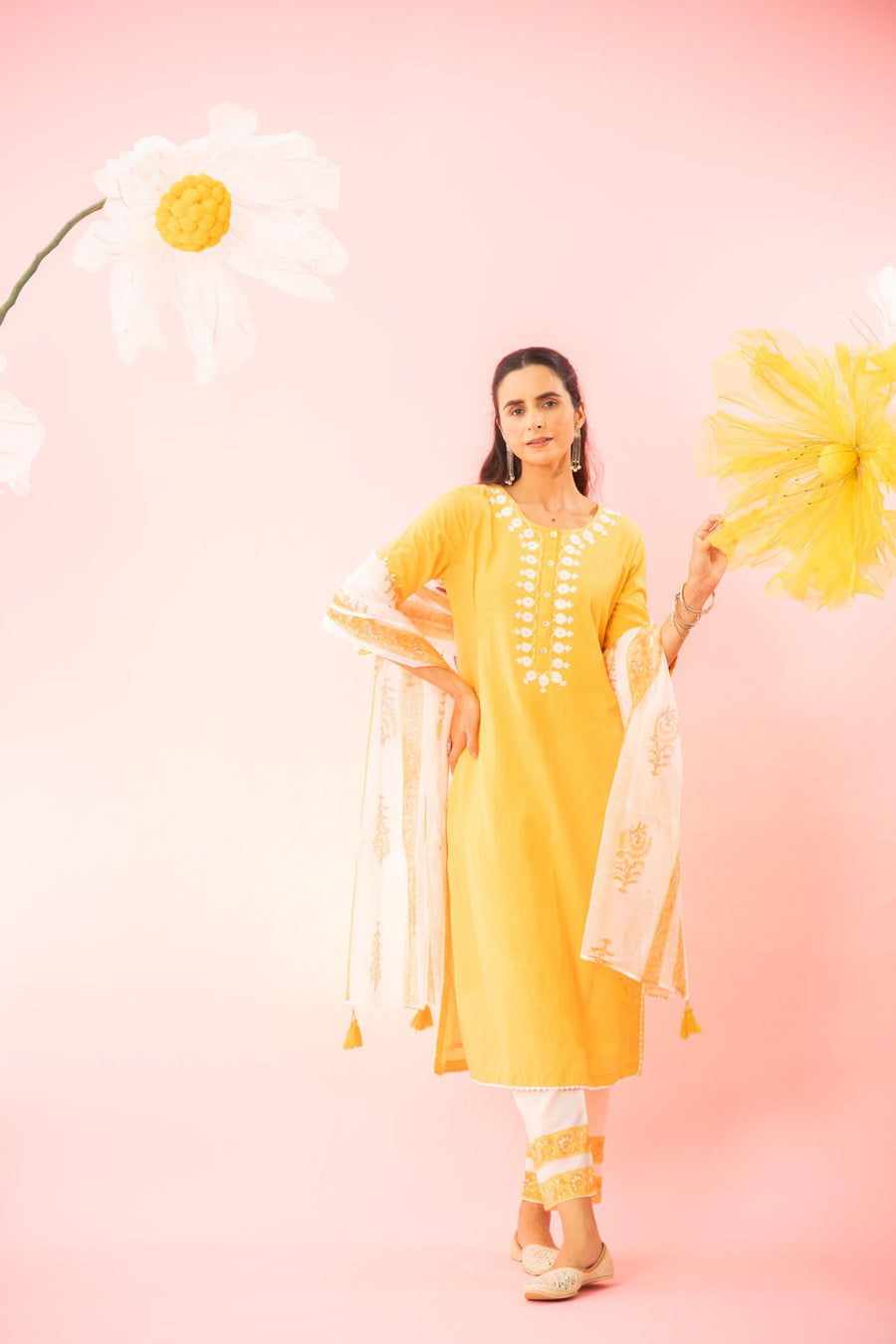 Yellow Woven Dyed Cotton Dobby Kurta Pant Dupatta Set