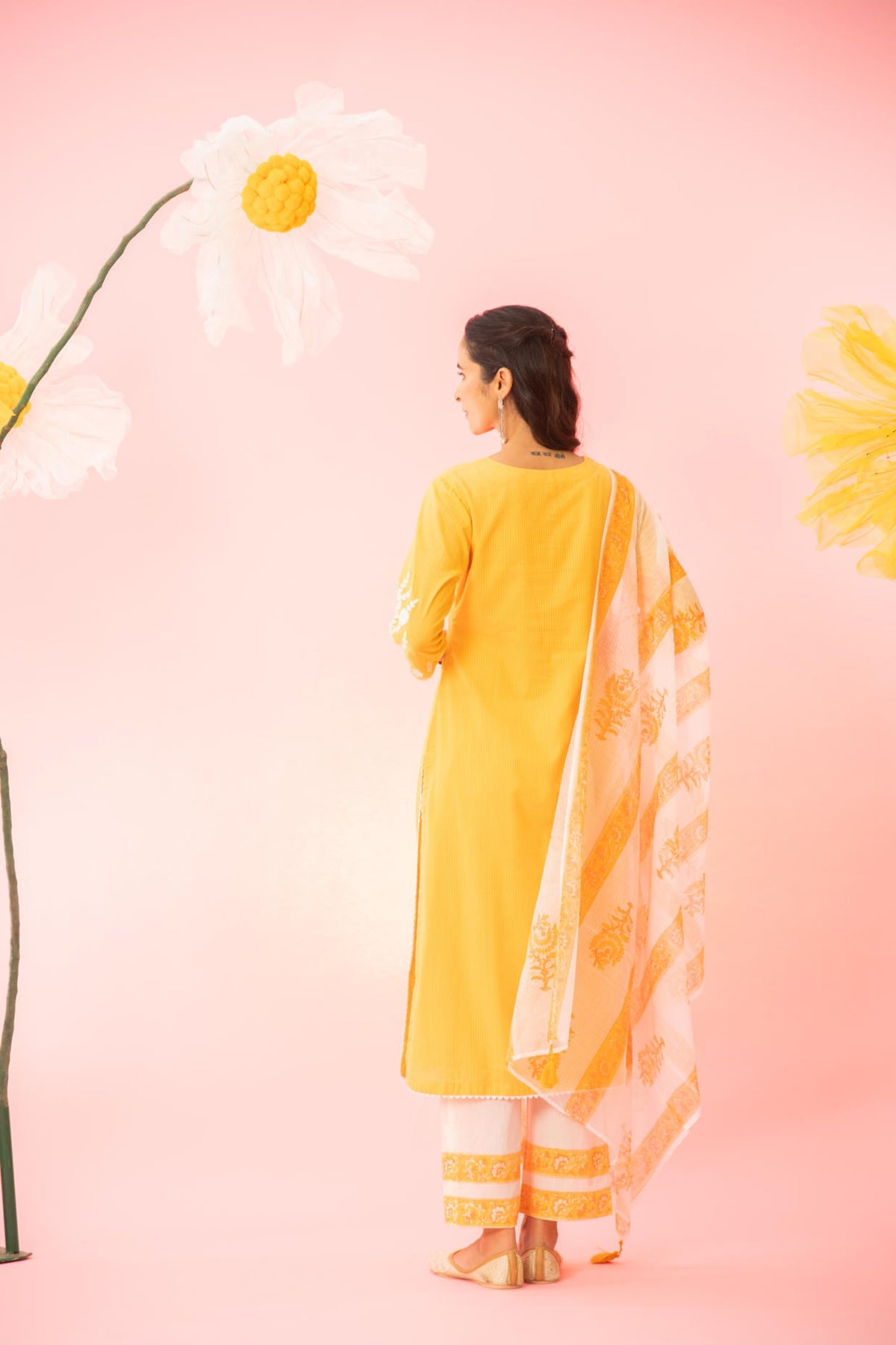 Yellow Woven Dyed Cotton Dobby Kurta Pant Dupatta Set