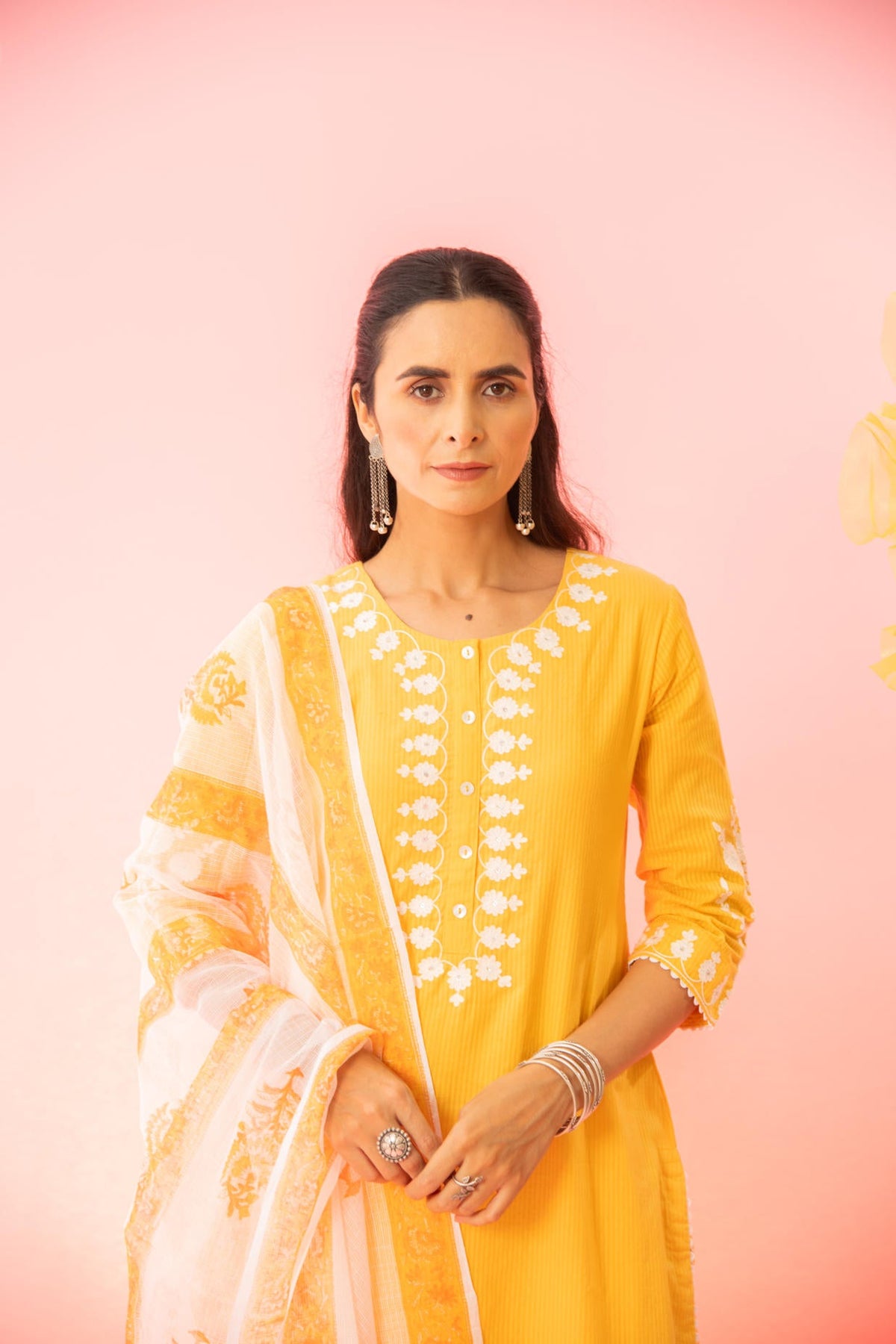 Yellow Woven Dyed Cotton Dobby Kurta Pant Dupatta Set