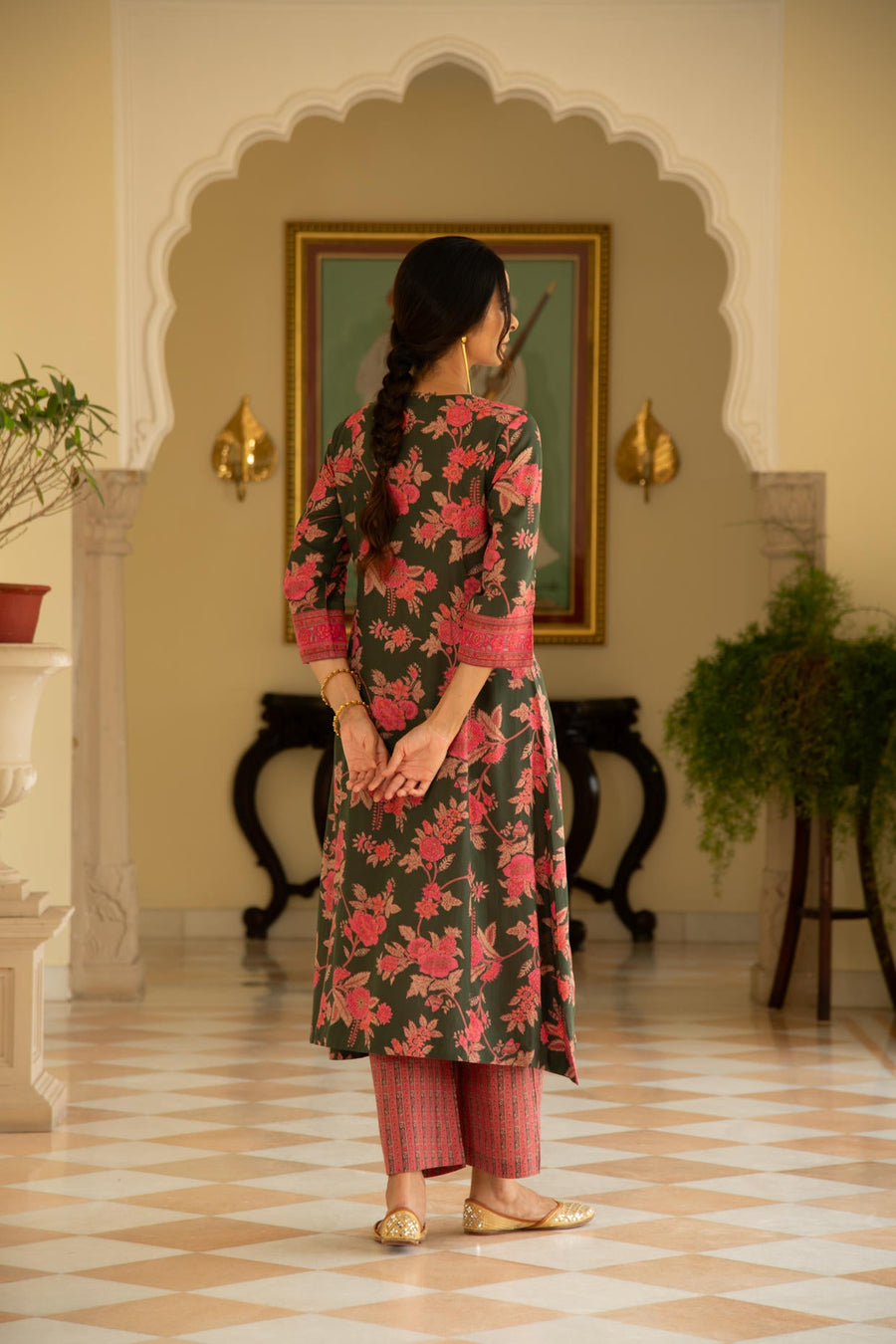 Green Viscose Modal Printed A-line Kurta with Pink Stripes Printed Pant