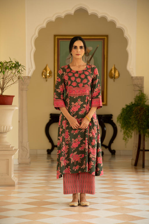 Green Viscose Modal Printed A-line Kurta with Pink Stripes Printed Pant