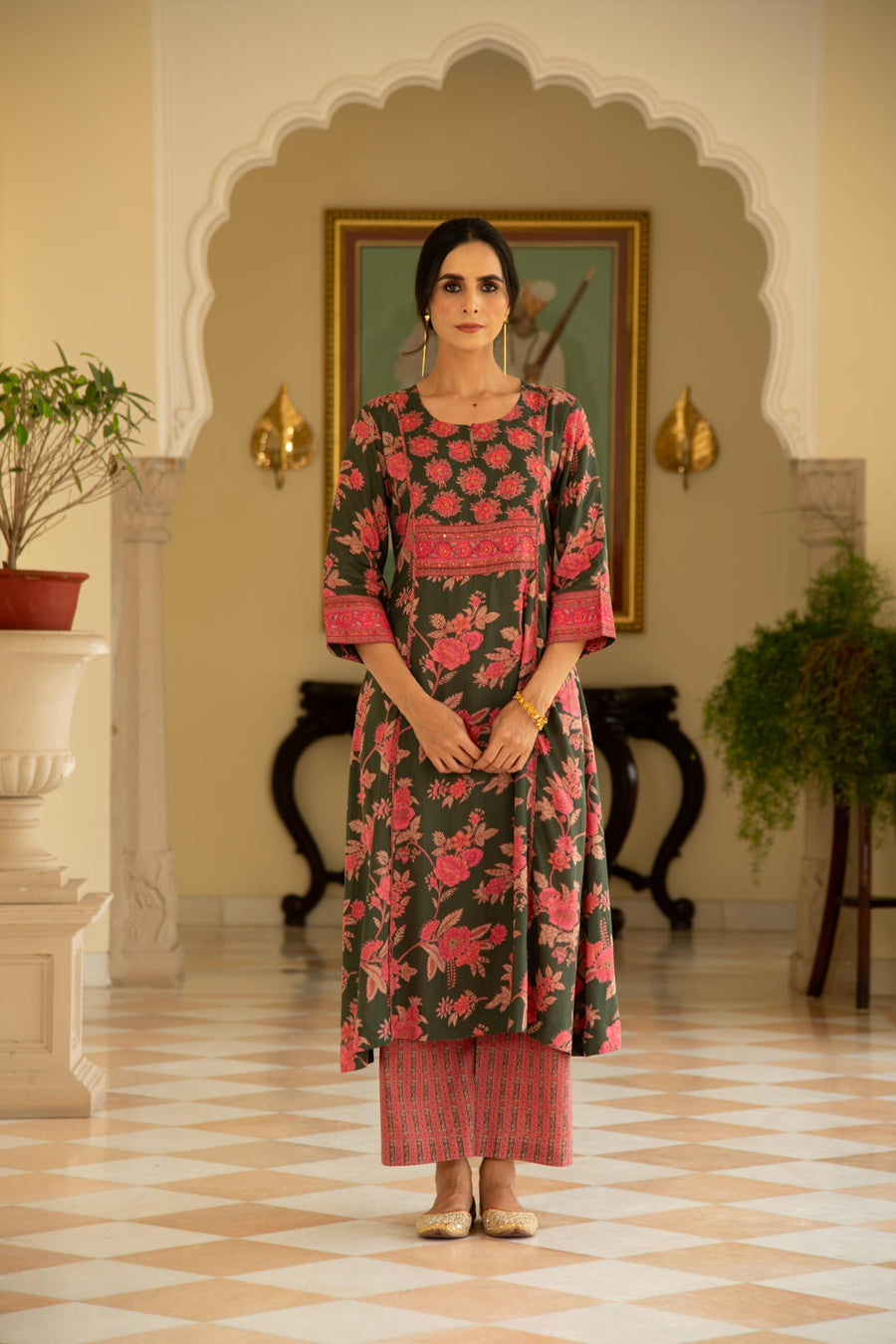 Green Viscose Modal Printed A-line Kurta with Pink Stripes Printed Pant