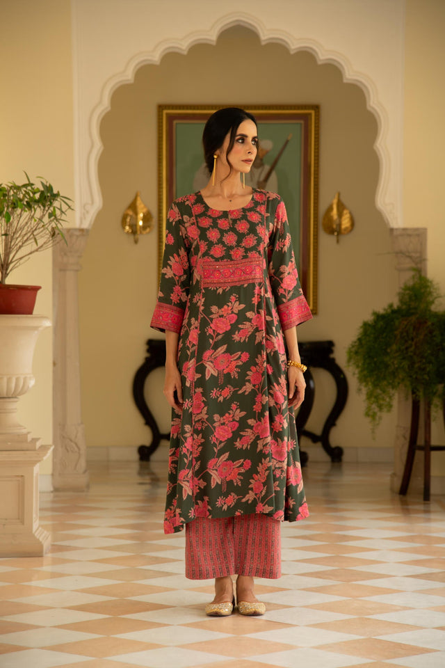 Green Viscose Modal Printed A-line Kurta with Pink Stripes Printed Pant