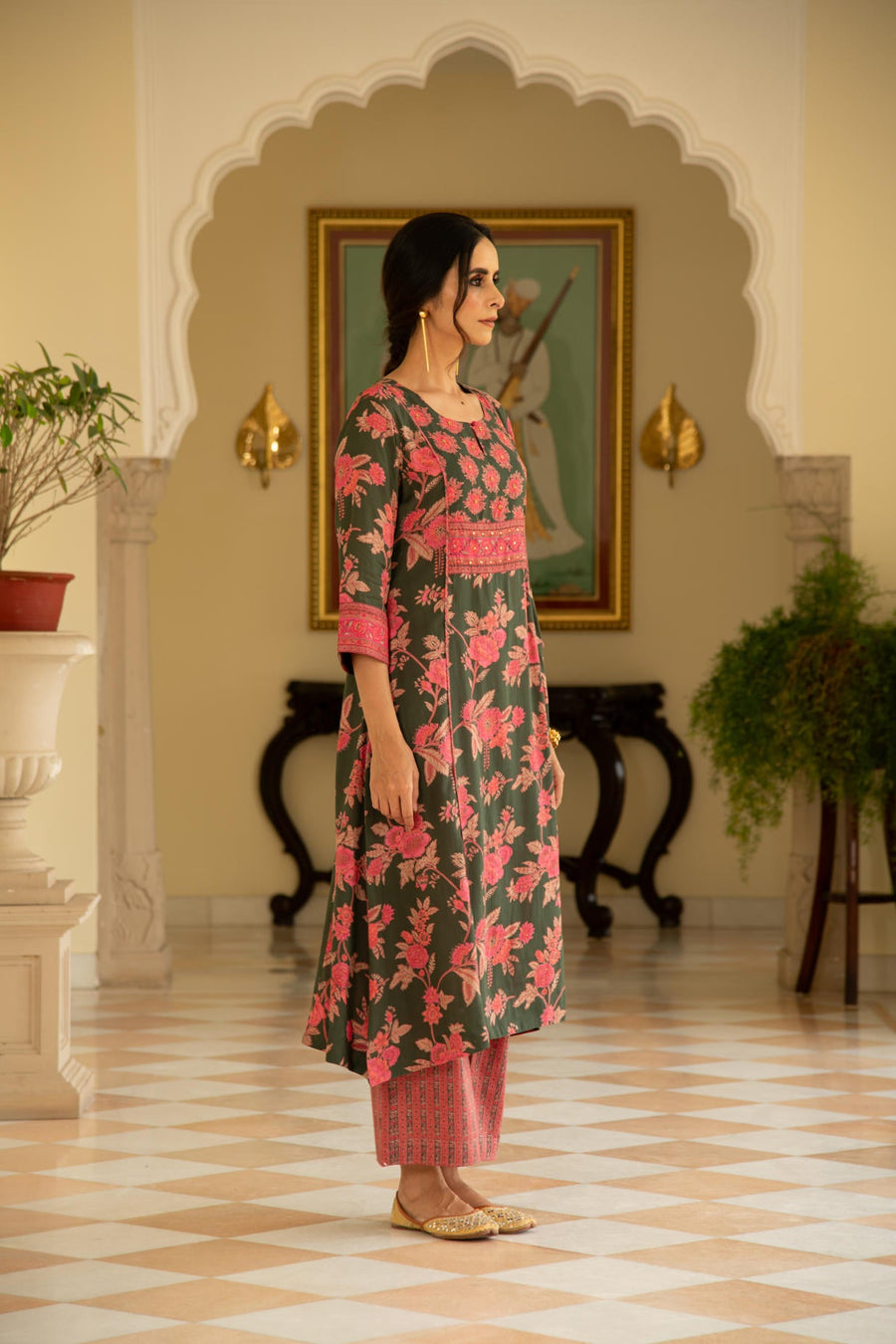 Green Viscose Modal Printed A-line Kurta with Pink Stripes Printed Pant