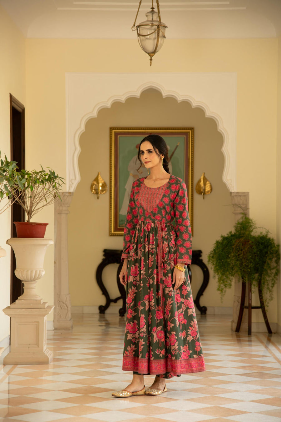 Floral Green Printed Angrakha Kalidaar Kurta