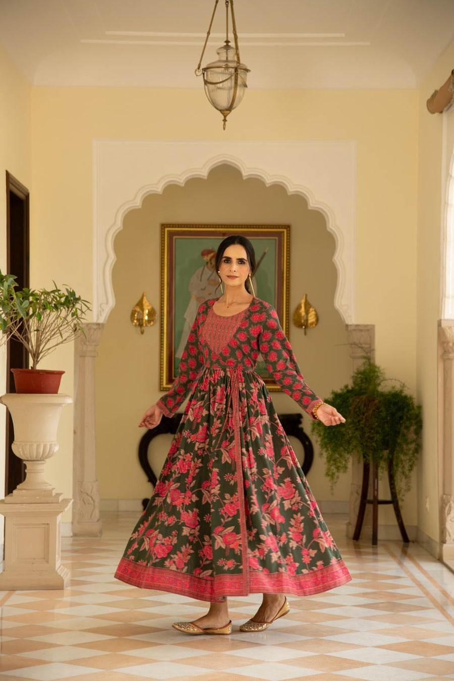 Floral Green Printed Angrakha Kalidaar Kurta
