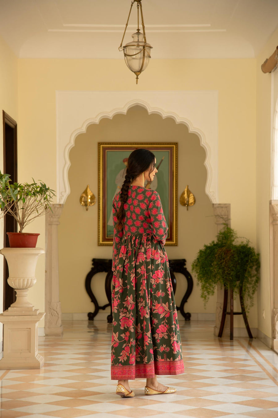 Floral Green Printed Angrakha Kalidaar Kurta