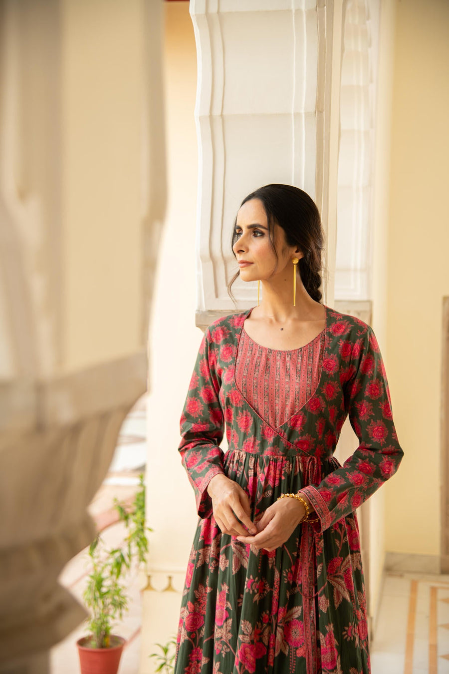 Floral Green Printed Angrakha Kalidaar Kurta