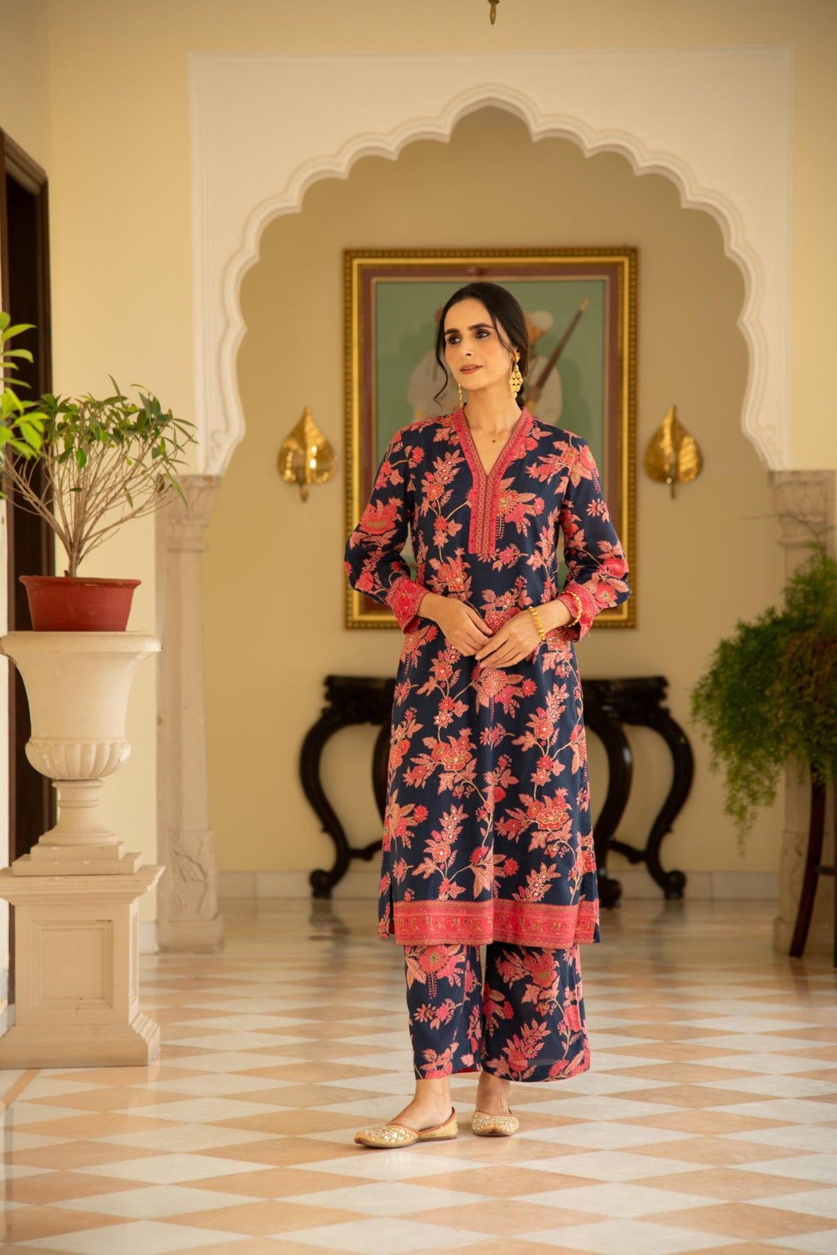 Blue Floral Printed Embroidered Kurta Pant Co-Ord Set