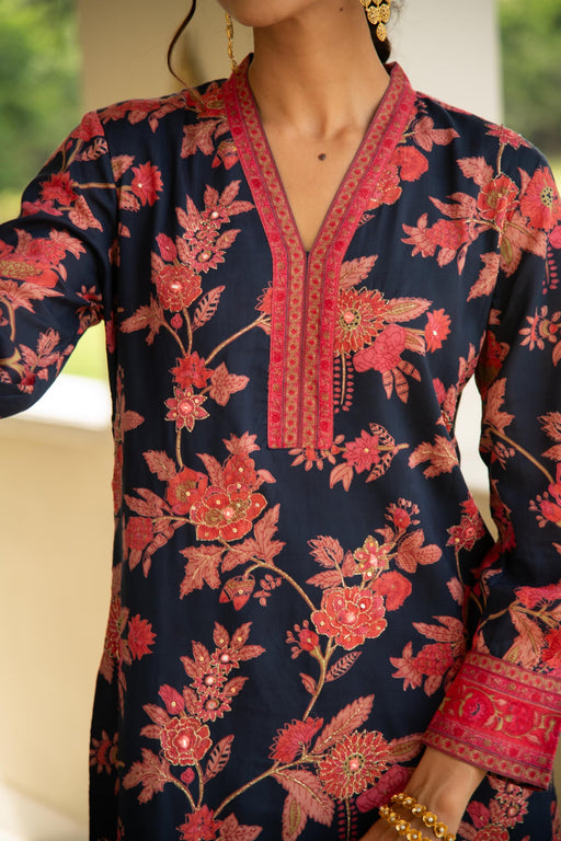 Blue Floral Printed Embroidered Kurta Pant Co-Ord Set