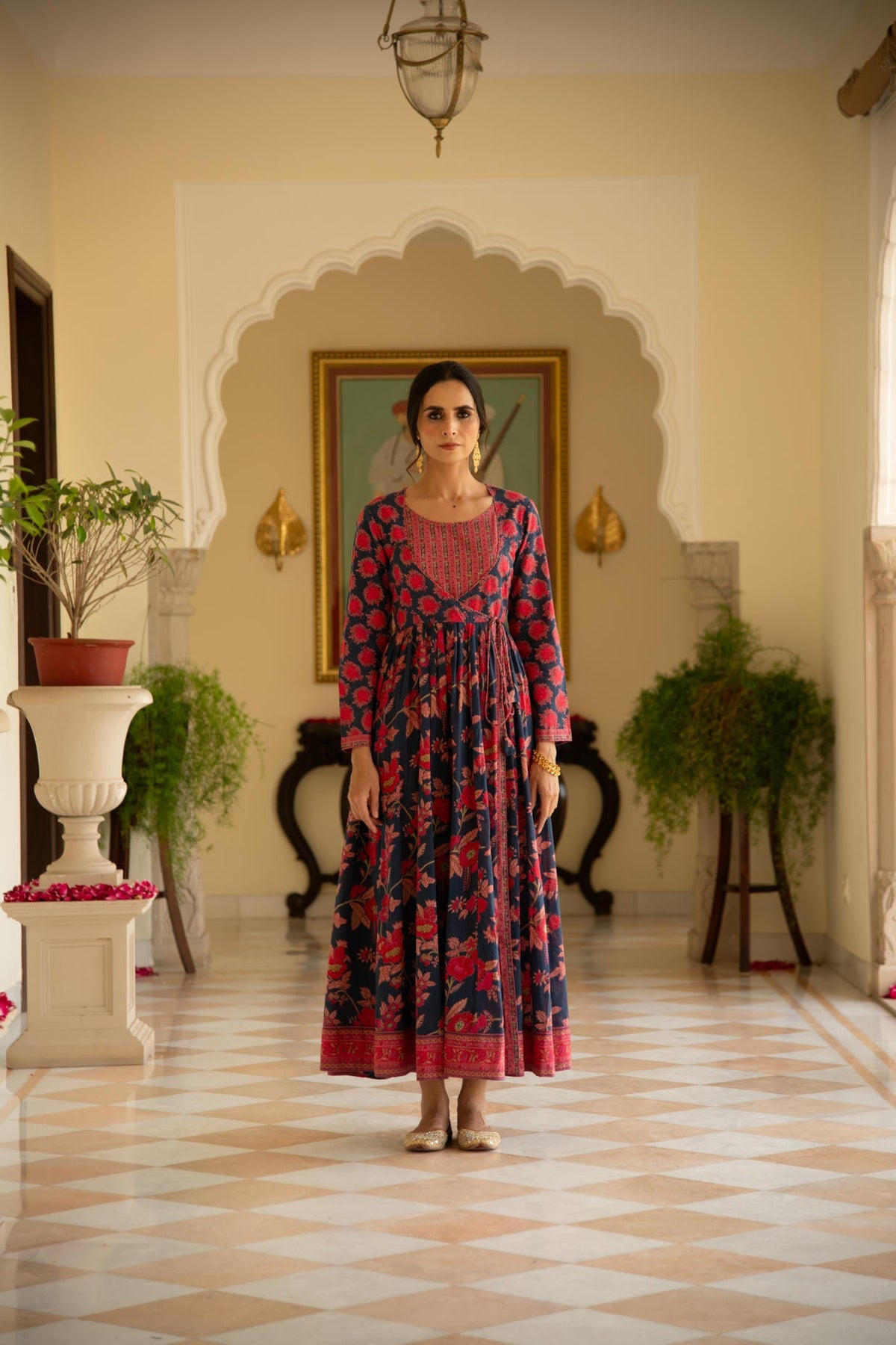 Floral Blue Printed Angrakha Kalidaar Kurta