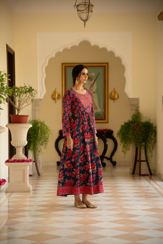 Floral Blue Printed Angrakha Kalidaar Kurta