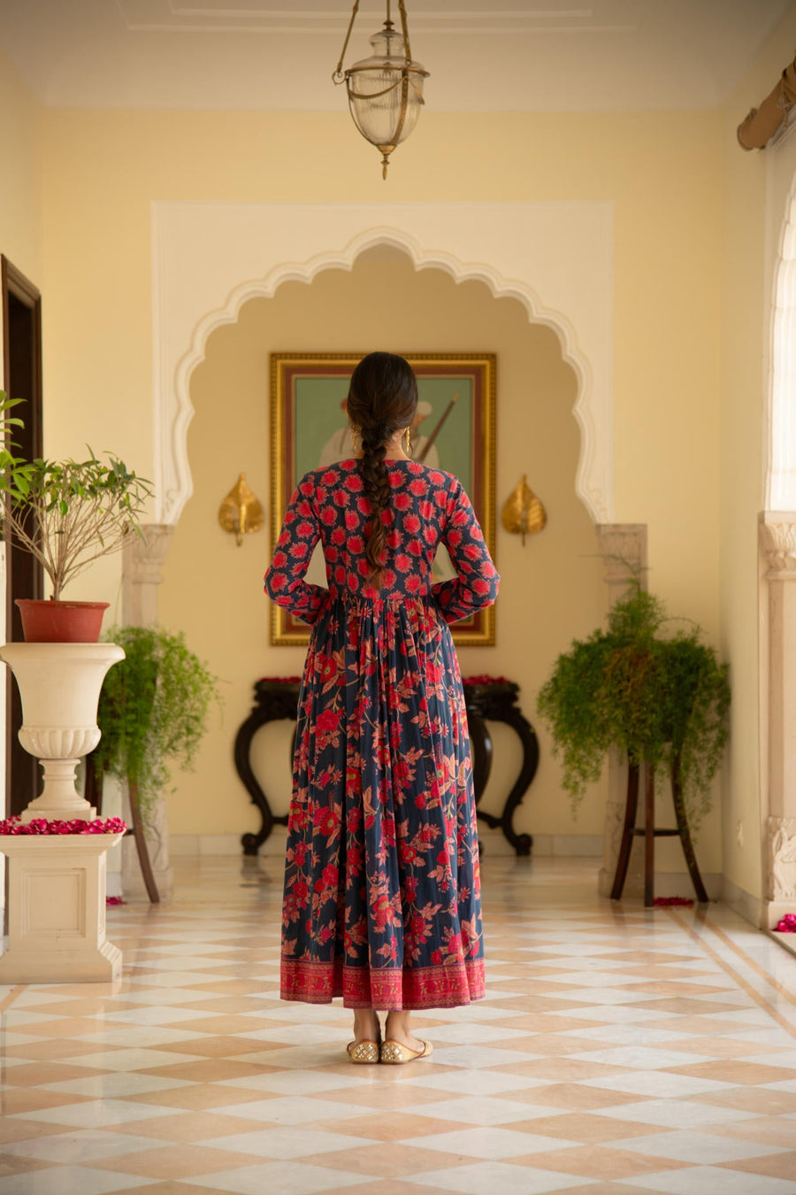 Floral Blue Printed Angrakha Kalidaar Kurta