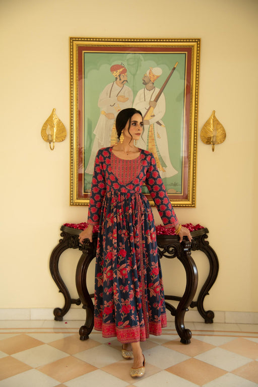 Floral Blue Printed Angrakha Kalidaar Kurta