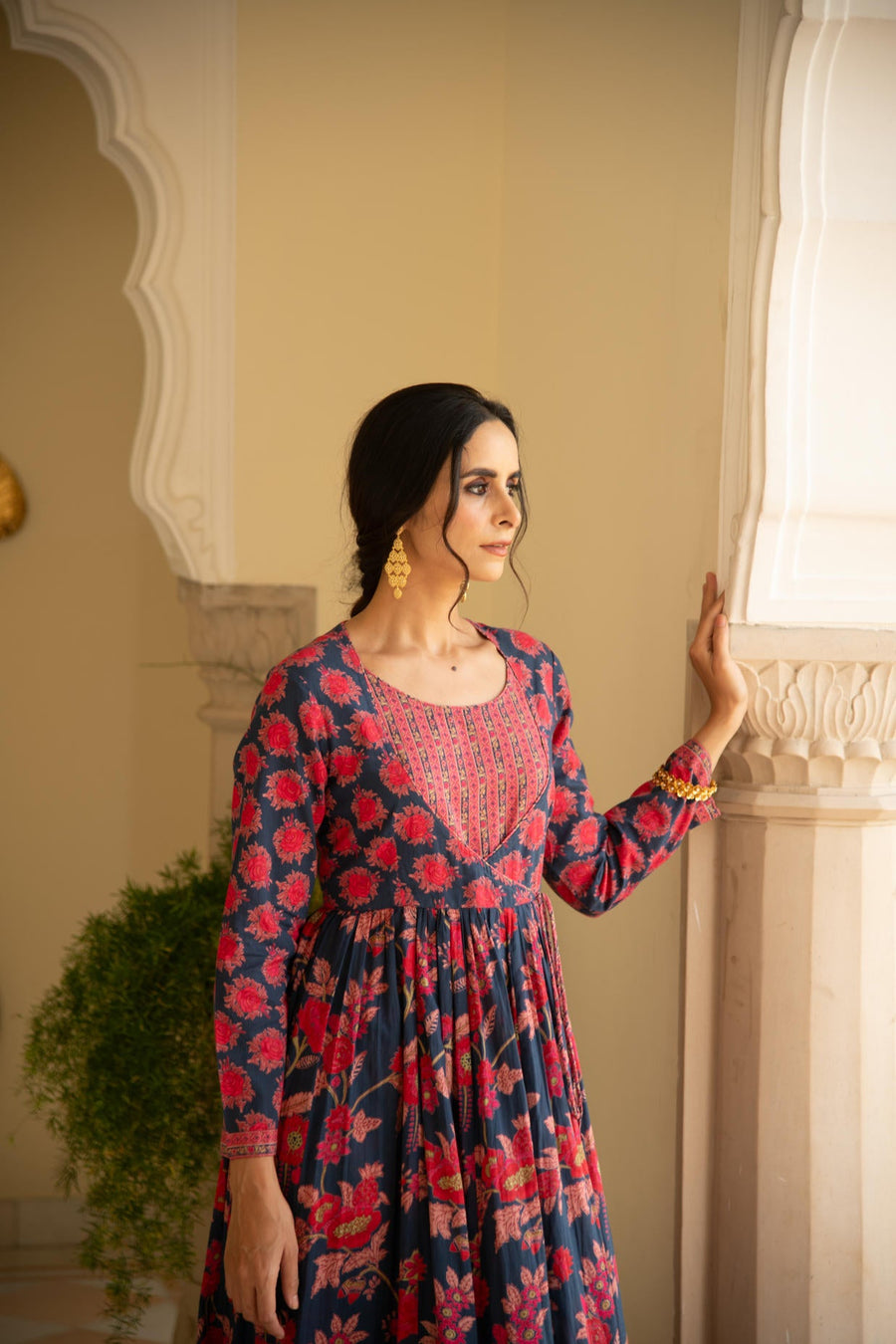 Floral Blue Printed Angrakha Kalidaar Kurta