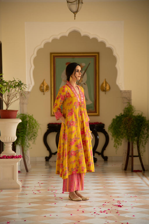 Mustard Printed Viscose Modal A-line Gathered Yoke Kurta with Pink Printed Pant