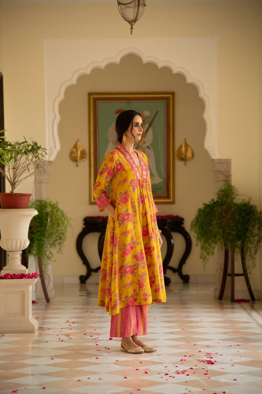 Mustard Printed Viscose Modal A-line Gathered Yoke Kurta with Pink Printed Pant