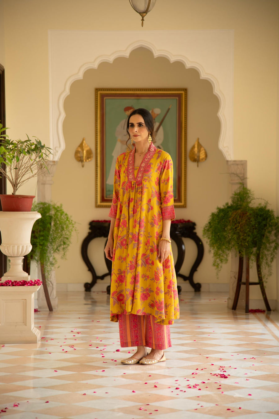 Mustard Printed Viscose Modal A-line Gathered Yoke Kurta with Pink Printed Pant