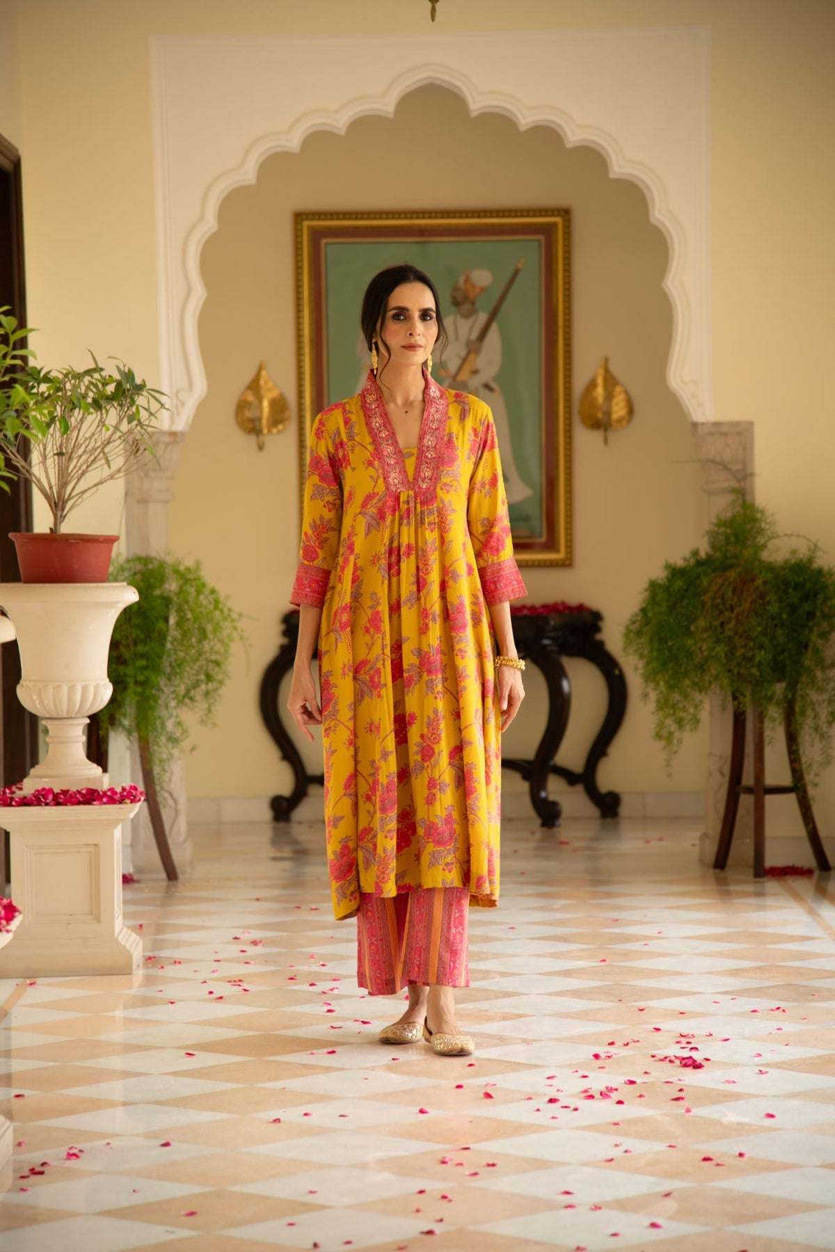 Mustard Printed Viscose Modal A-line Gathered Yoke Kurta with Pink Printed Pant