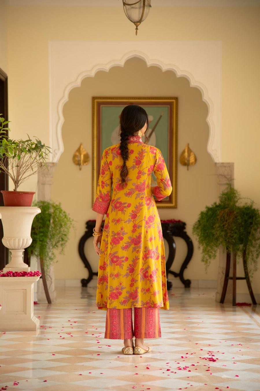 Mustard Printed Viscose Modal A-line Gathered Yoke Kurta with Pink Printed Pant