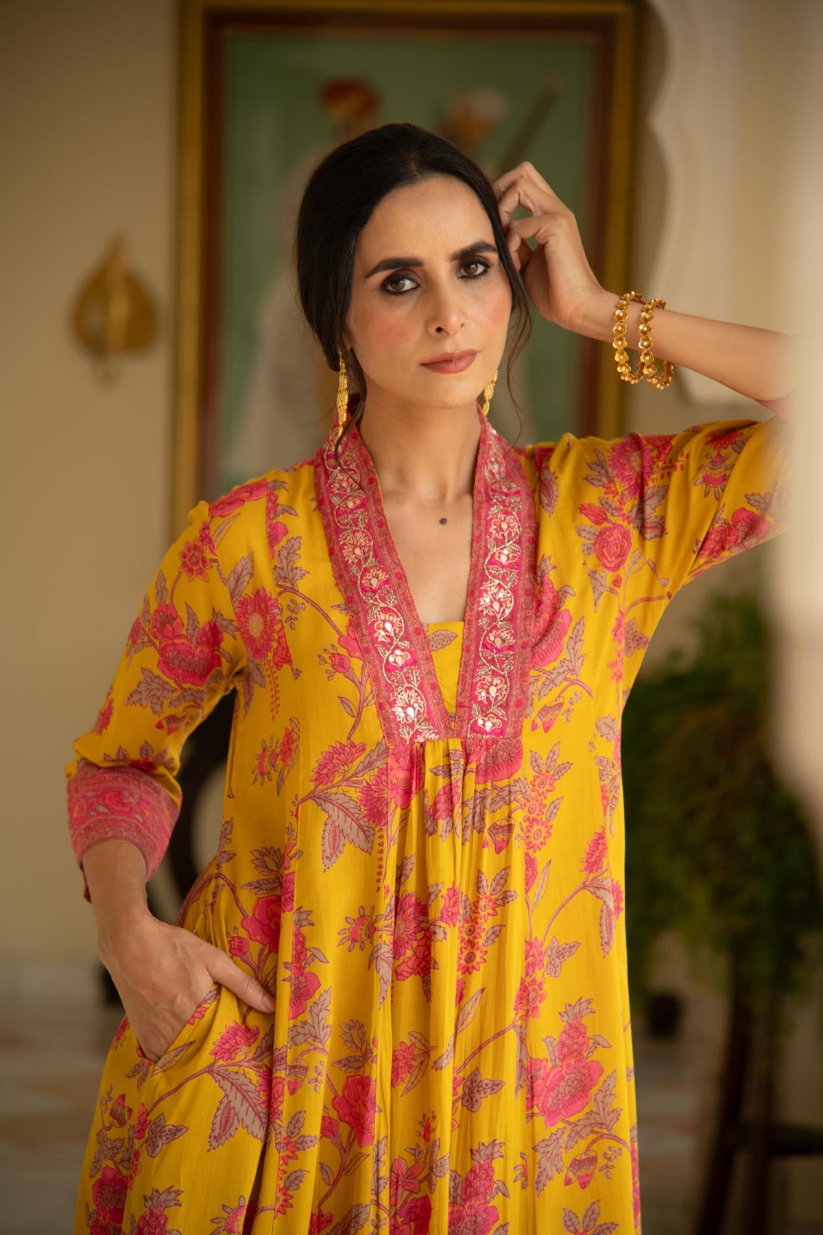 Mustard Printed Viscose Modal A-line Gathered Yoke Kurta with Pink Printed Pant