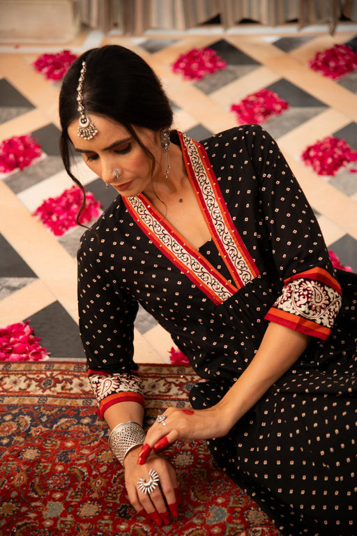 Black Bandhej Printed A-line Gathered Yoke Embroidered Kurta Pant Co-Ord Set (Set of 2)