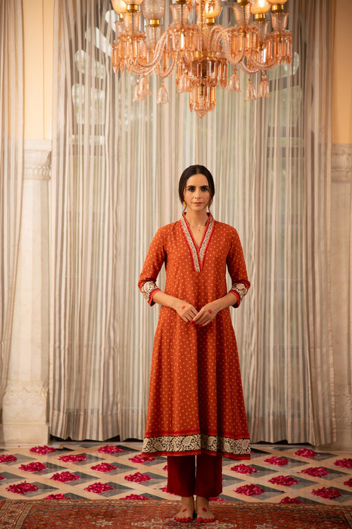 Rust Orange Bandhej Printed Embroidered A-Line Kurta