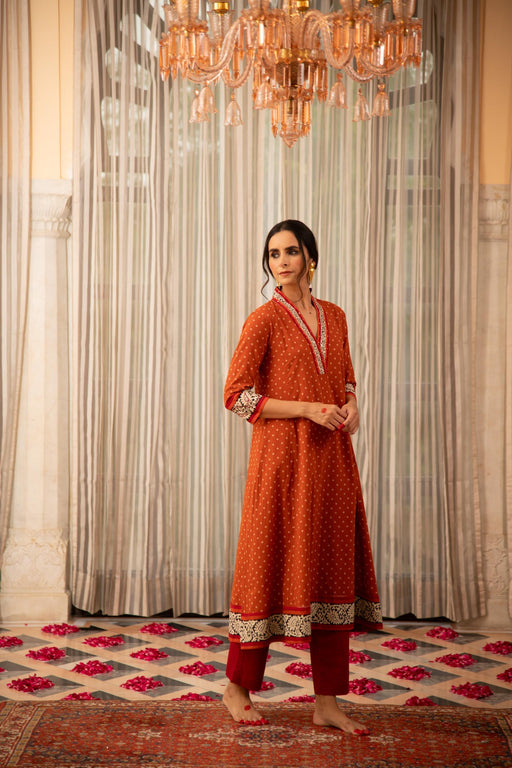 Rust Orange Bandhej Printed Embroidered A-Line Kurta