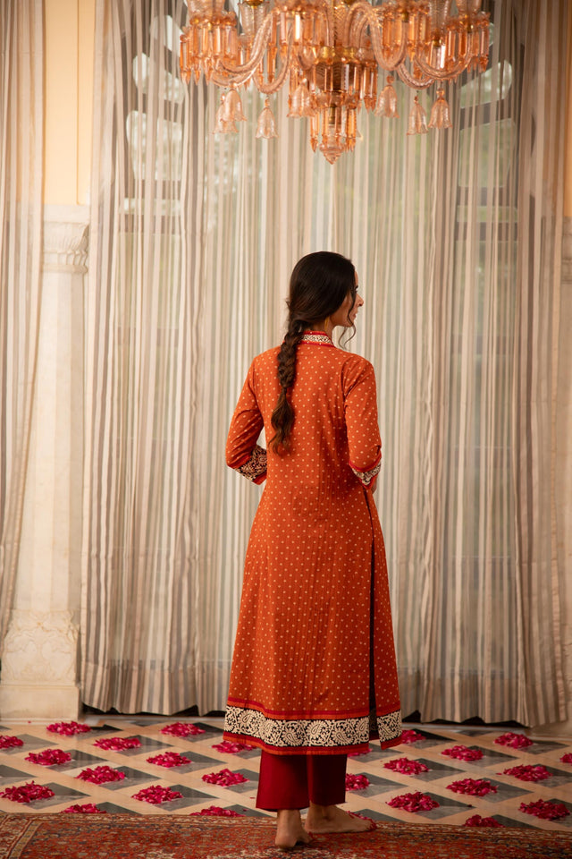 Rust Orange Bandhej Printed Embroidered A-Line Kurta