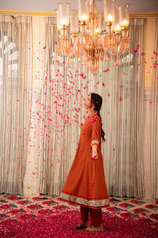 Rust Orange Bandhej Printed Embroidered A-Line Kurta