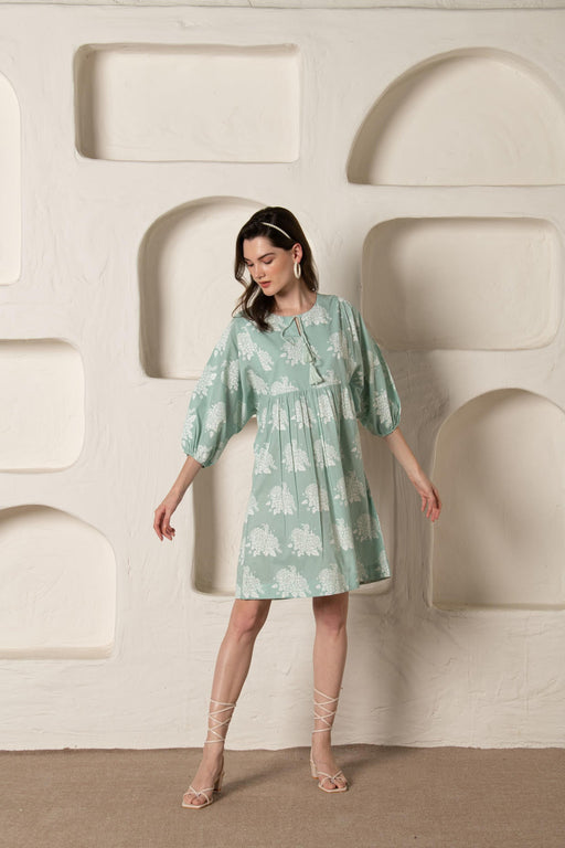 Pastel Green Flower Print Loose Fit Gathered Dress