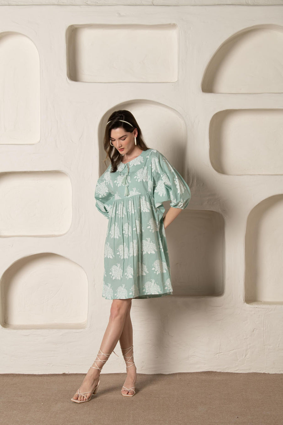 Pastel Green Flower Print Loose Fit Gathered Dress