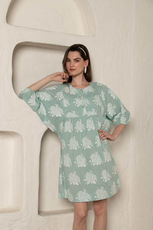 Pastel Green Flower Print Loose Fit Gathered Dress