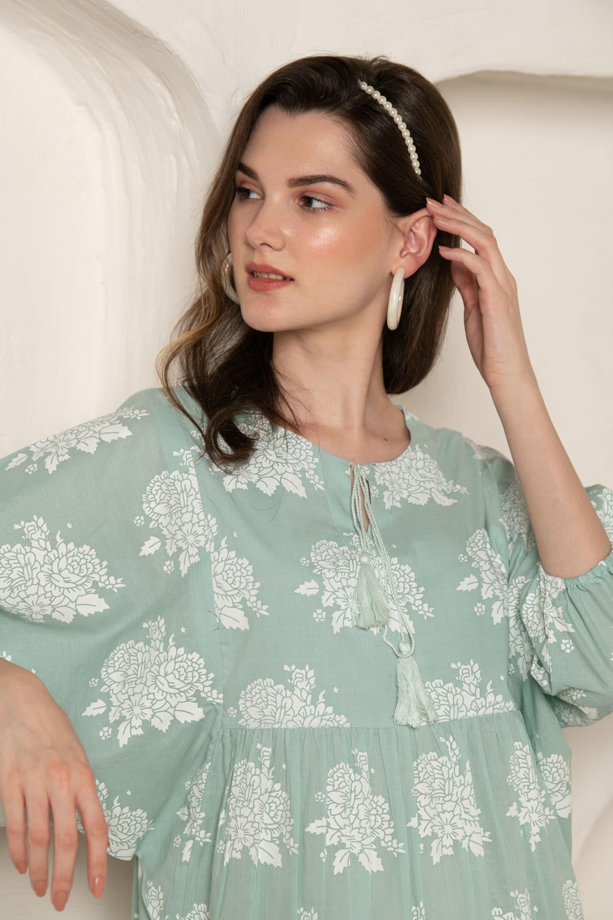 Pastel Green Flower Print Loose Fit Gathered Dress