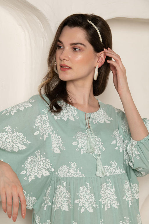 Pastel Green Flower Print Loose Fit Gathered Dress