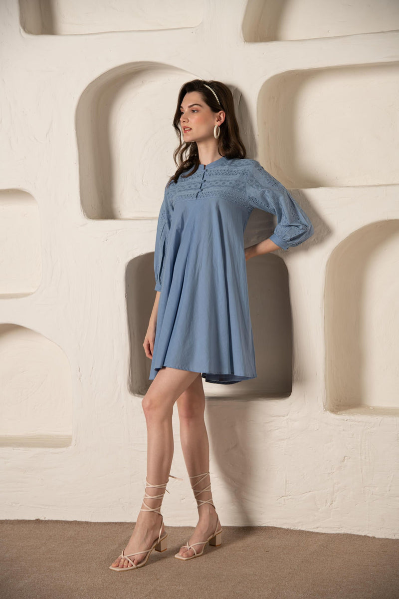 Blue Cotton Flared Dress