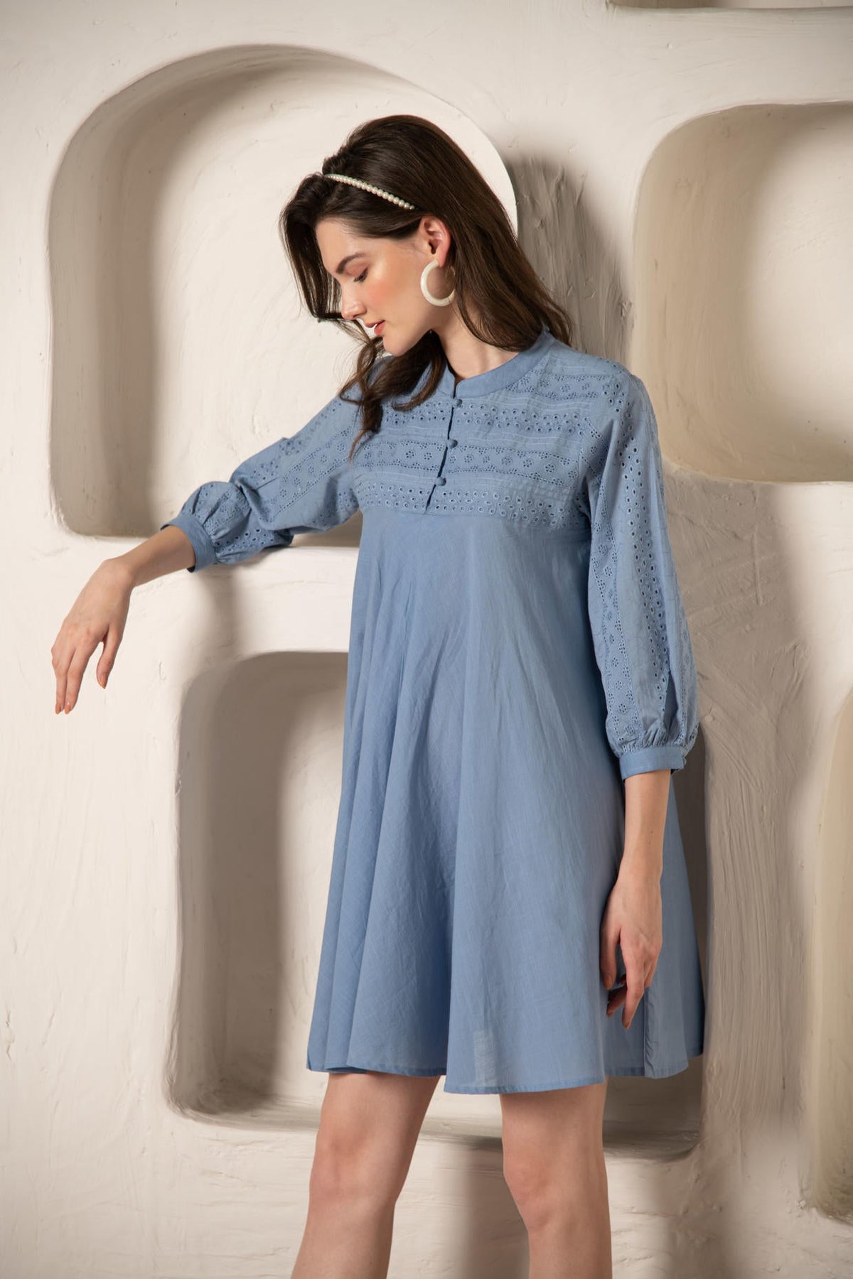 Blue Cotton Flared Dress