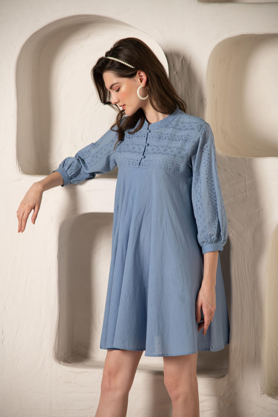 Blue Cotton Flared Dress