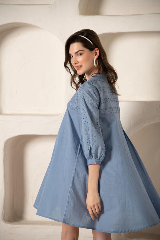 Blue Cotton Flared Dress