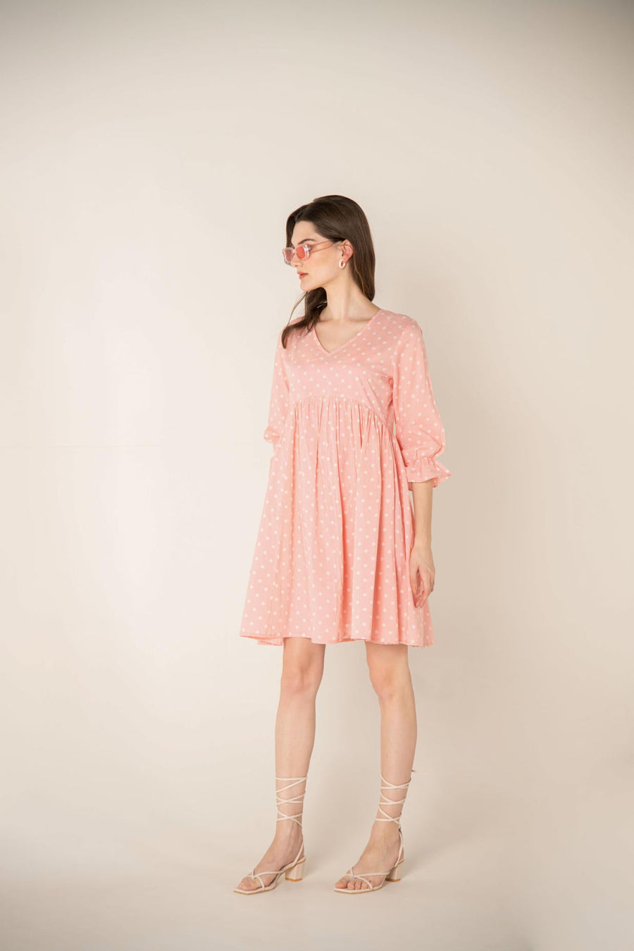 Pastel Pink Polka Dot Gathered Dress.
