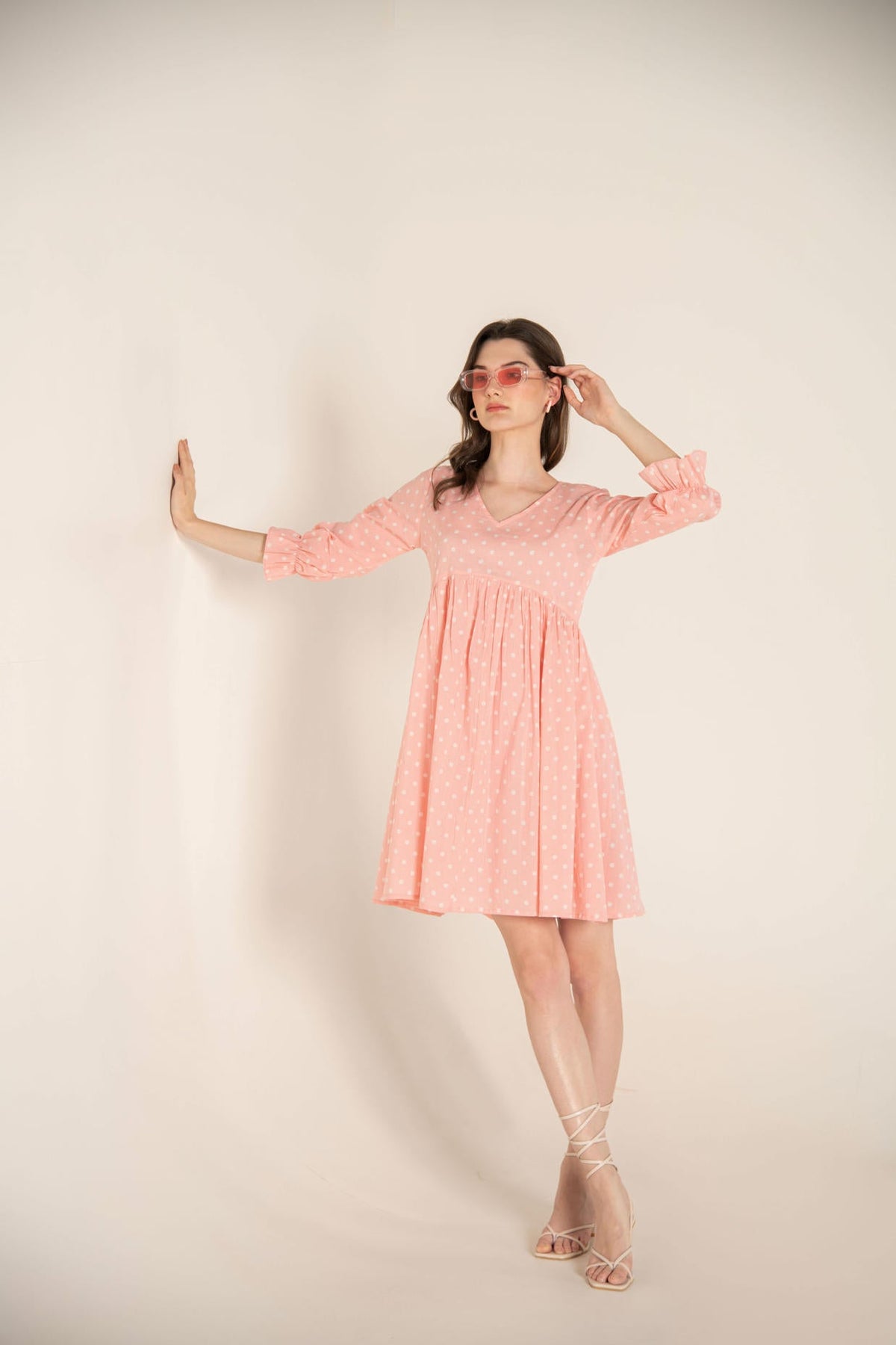 Pastel Pink Polka Dot Gathered Dress.