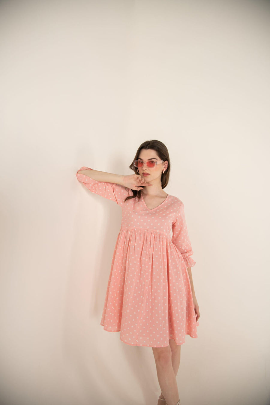 Pastel Pink Polka Dot Gathered Dress.