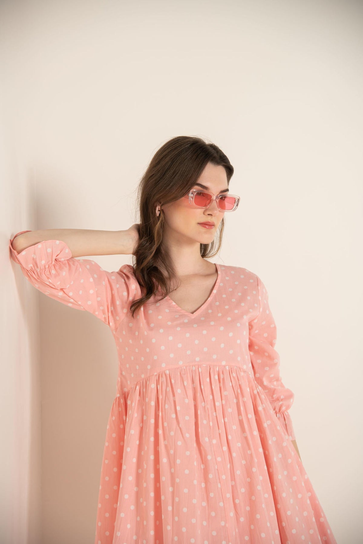 Pastel Pink Polka Dot Gathered Dress.