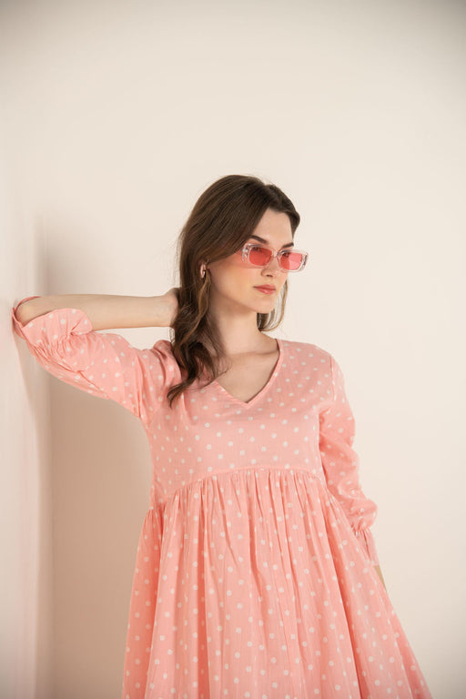 Pastel Pink Polka Dot Gathered Dress.