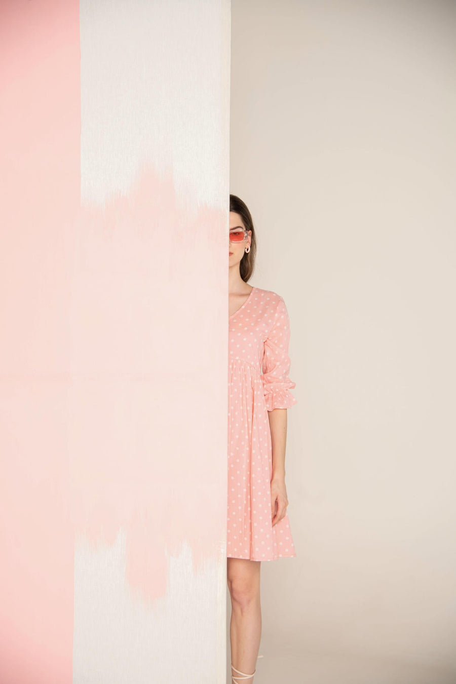 Pastel Pink Polka Dot Gathered Dress.