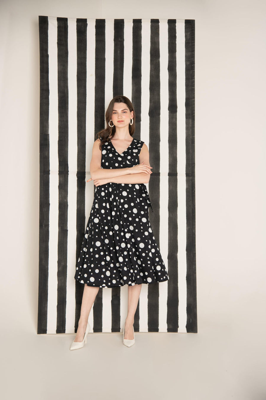 Monochrome Polka Dot Cotton Wrap Dress