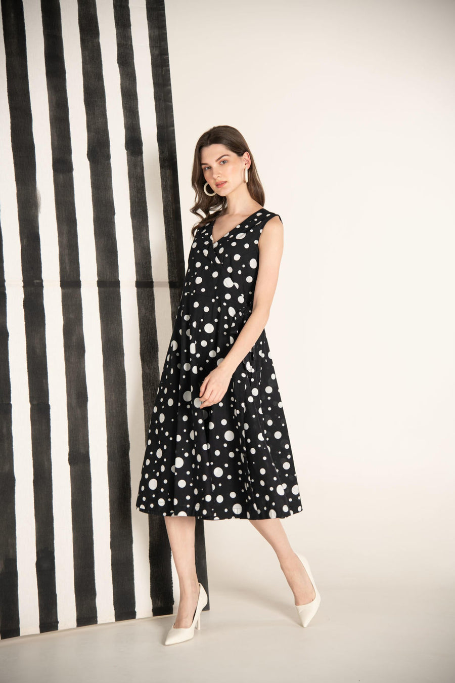 Monochrome Polka Dot Cotton Wrap Dress