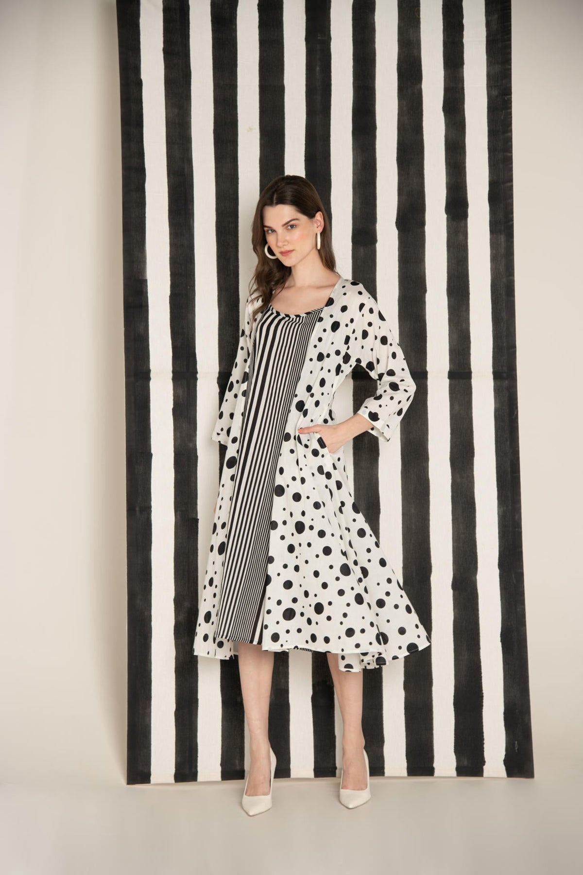 Monochrome Polka Dot Cotton Over-sized Long Shrug with Stripes Inner.