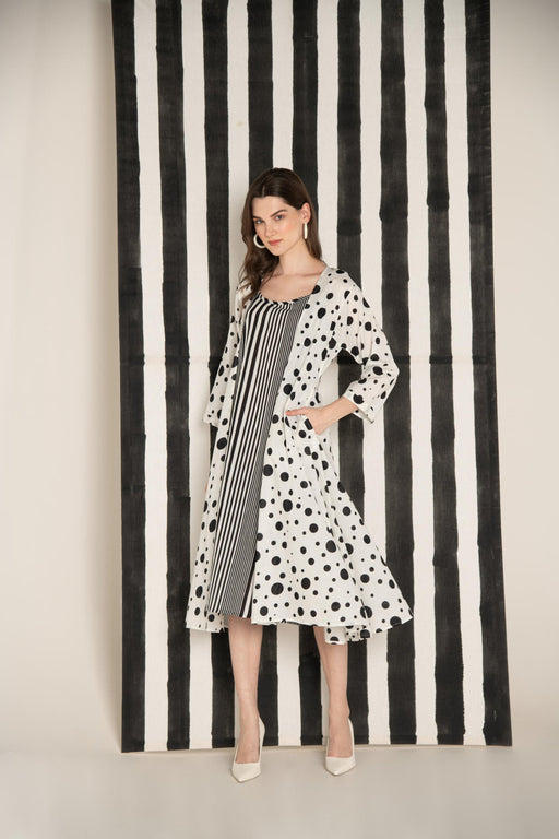 Monochrome Polka Dot Cotton Over-sized Long Shrug with Stripes Inner.